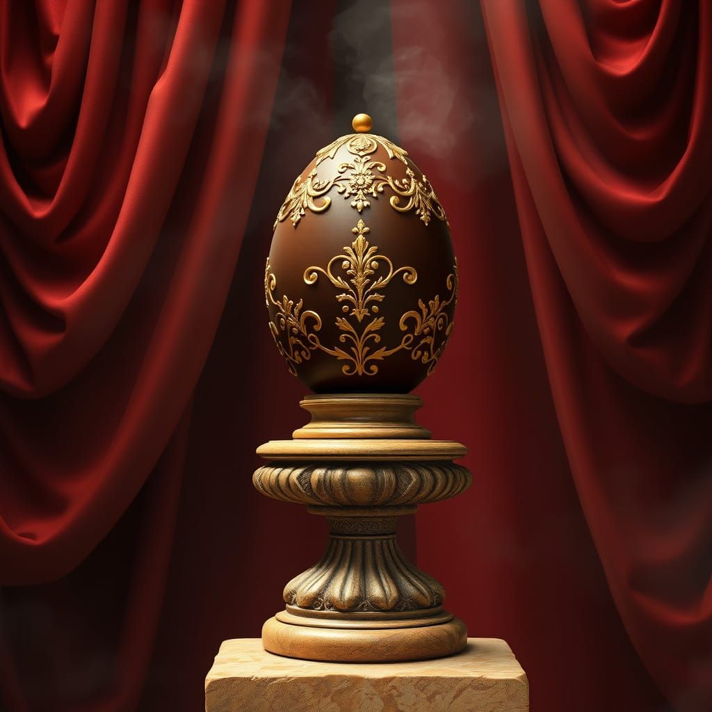 Luxurious Chocolate Egg on Ornate Pedestal with Velvet Curta...