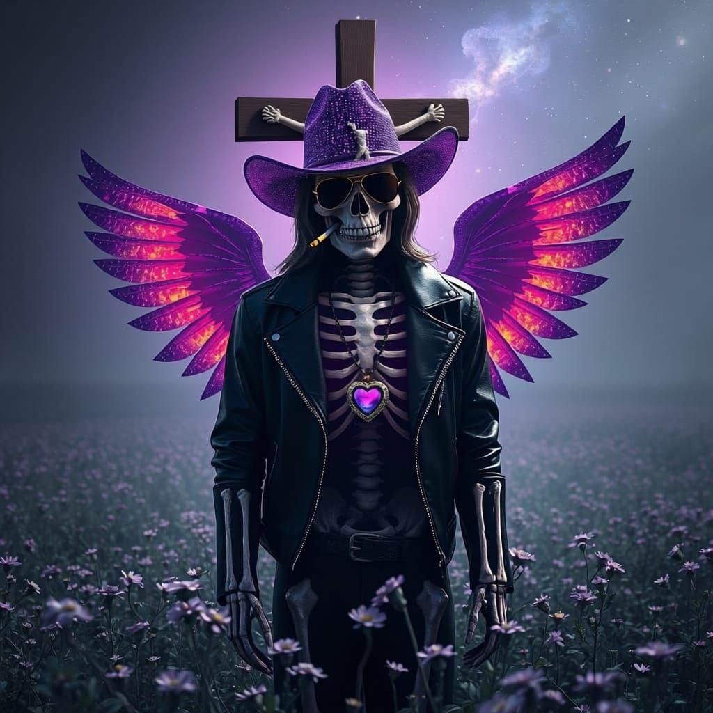 Skeleton Jesus with Cosmic Aura in Cowboy Hat