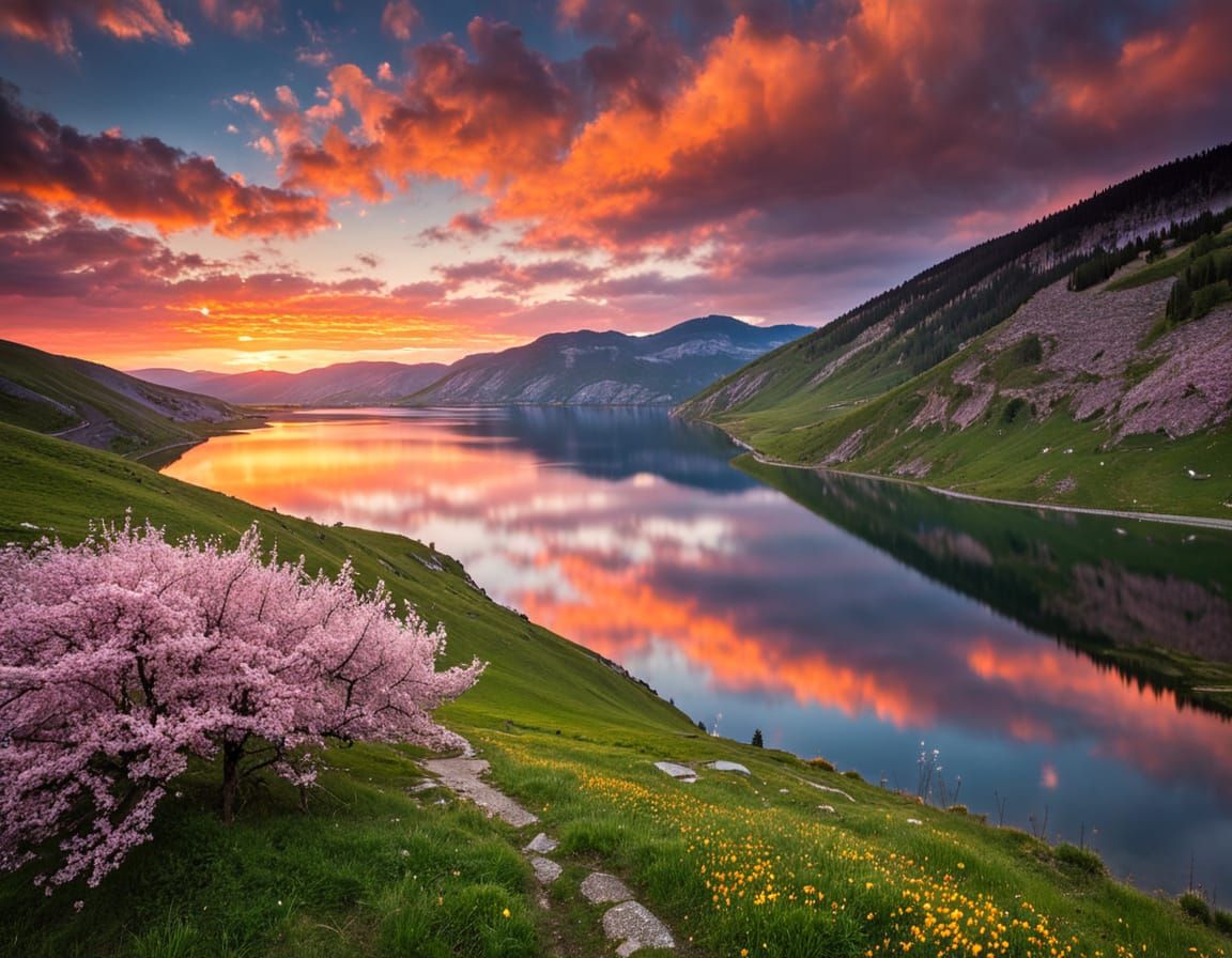 Ethereal Sunset Landscape with Blossoming Hills