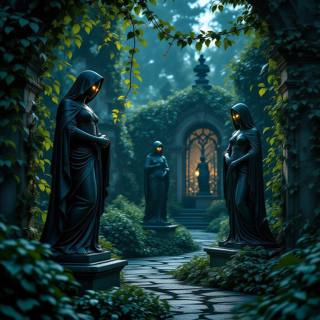 Eerie Gothic Garden Statues Under Moonlight