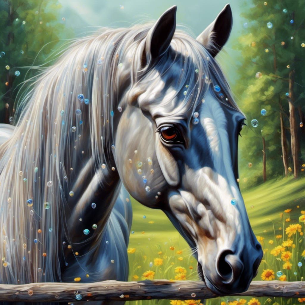 Gray Arabian Horse in Wildflower Meadow