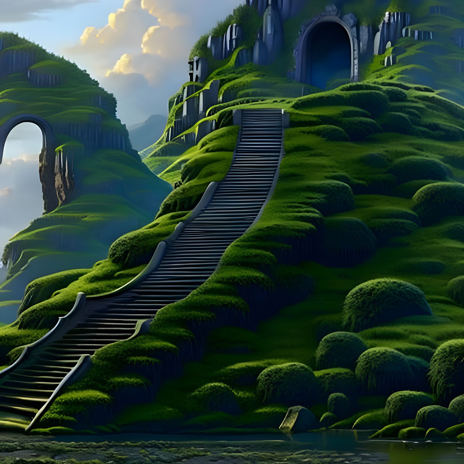 Mossy Stairway Carved into a Grassy Hill: Hyperrealistic Con...