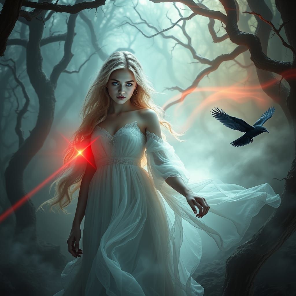 Ethereal Woman Emerges from Enchanted Forest in Cyberpunk St...