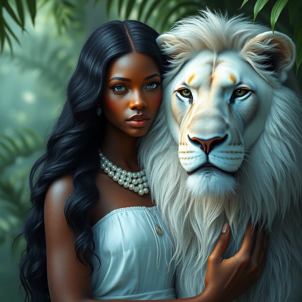Woman with Lion: Hyperdetailed Jungle Portrait