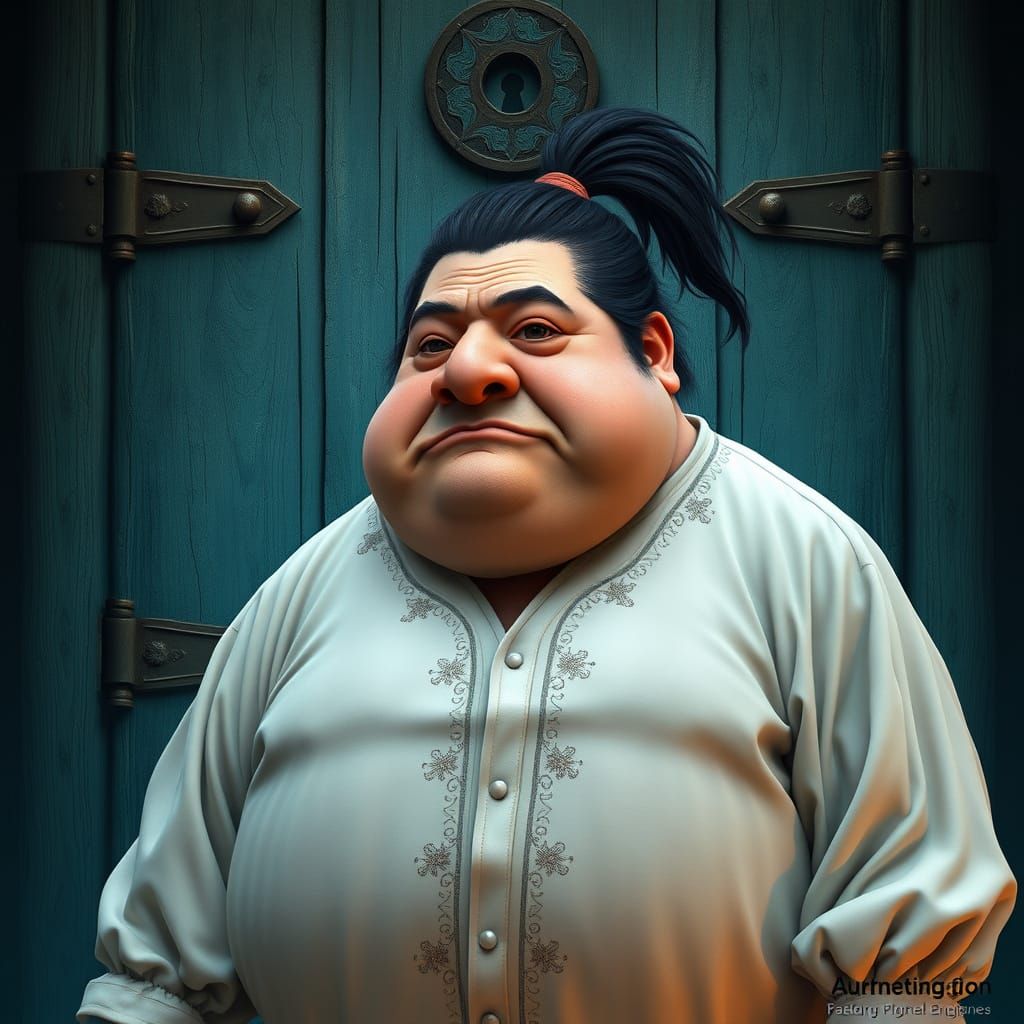 Fat Figure in Ornate Shirts, Standing Before Ancient Wooden ...