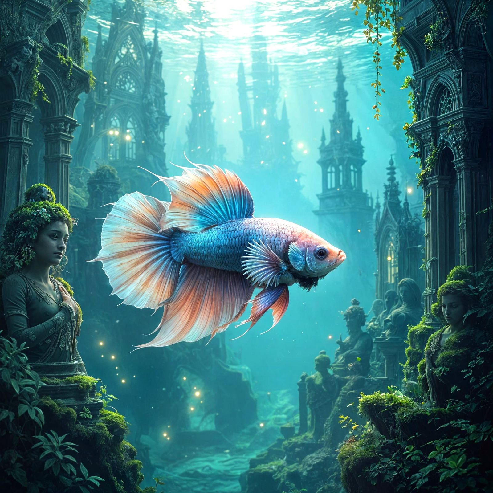 Bioluminescent Betta in Sunken Gothic City