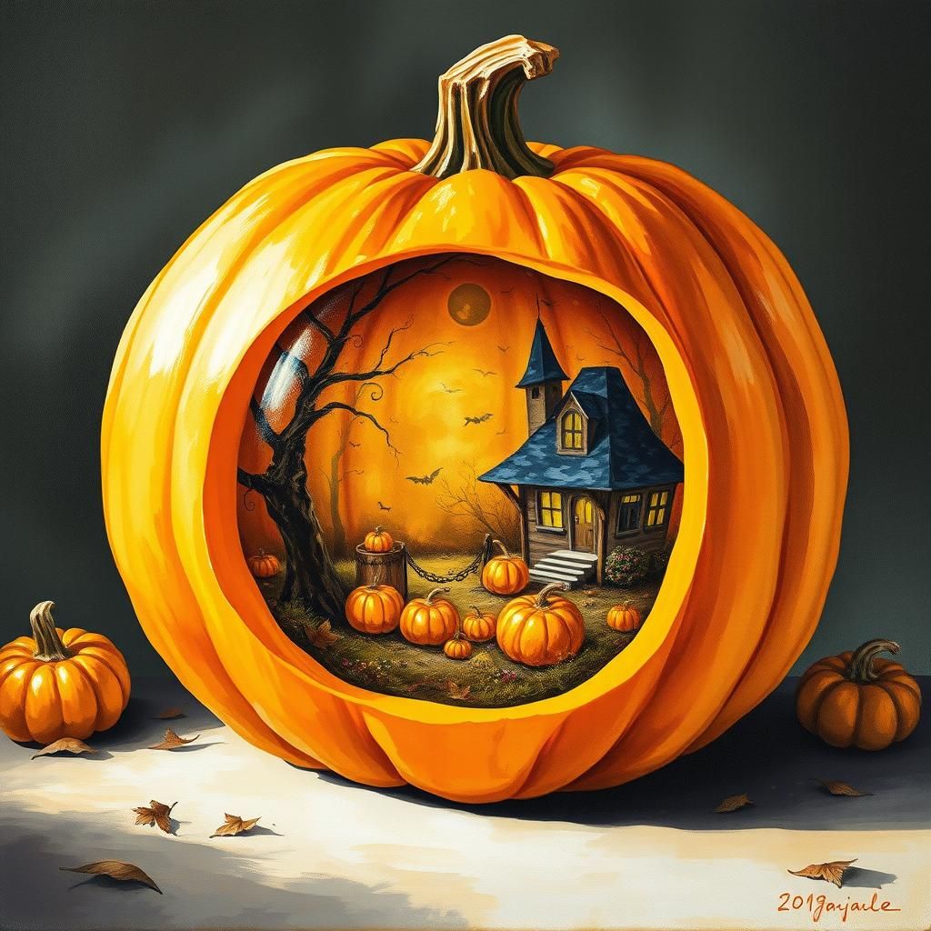 Halloween Scene Inside Golden Pumpkin as Gouache Painting