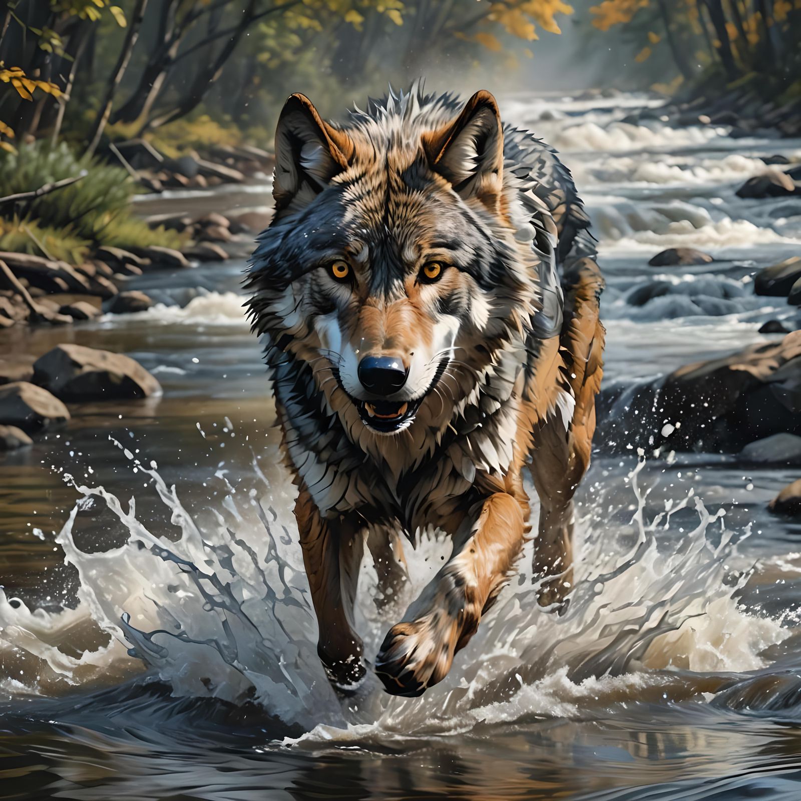 Gray Wolf Running in River: Hyperrealistic Splash Art