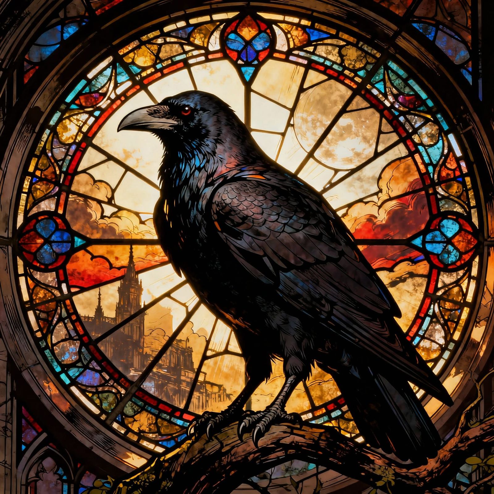 Stained Glass Raven Window Art in Cinematic Style