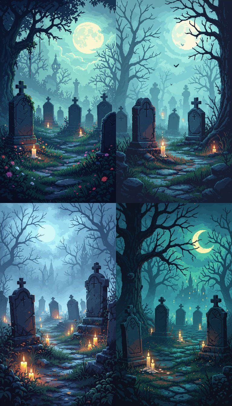 8-Bit Pixel Art: Misty Medieval Graveyard with Glowing Candl...
