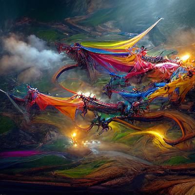 Dragons Ridden by Figures of Light: Oil Painting