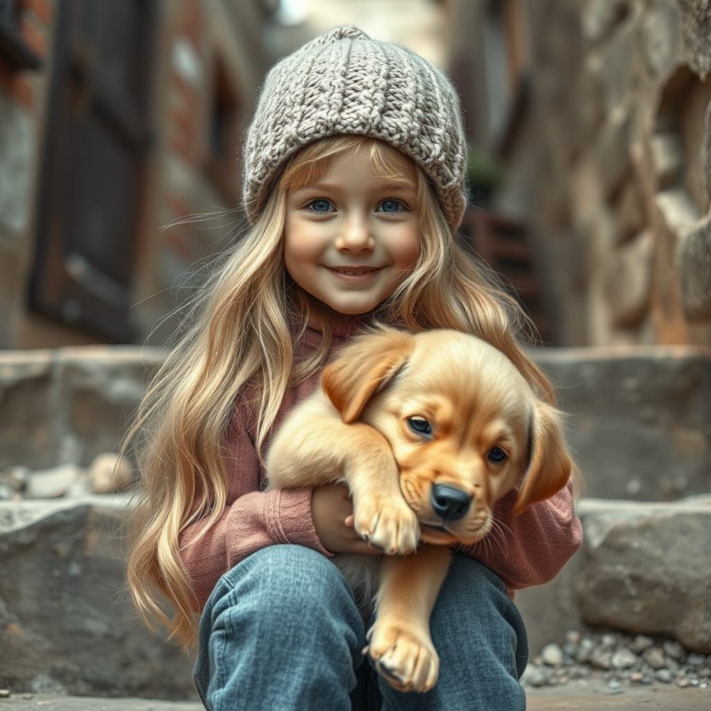 Girl with Puppy: Watercolor Portrait with Dreamlike Bokeh
