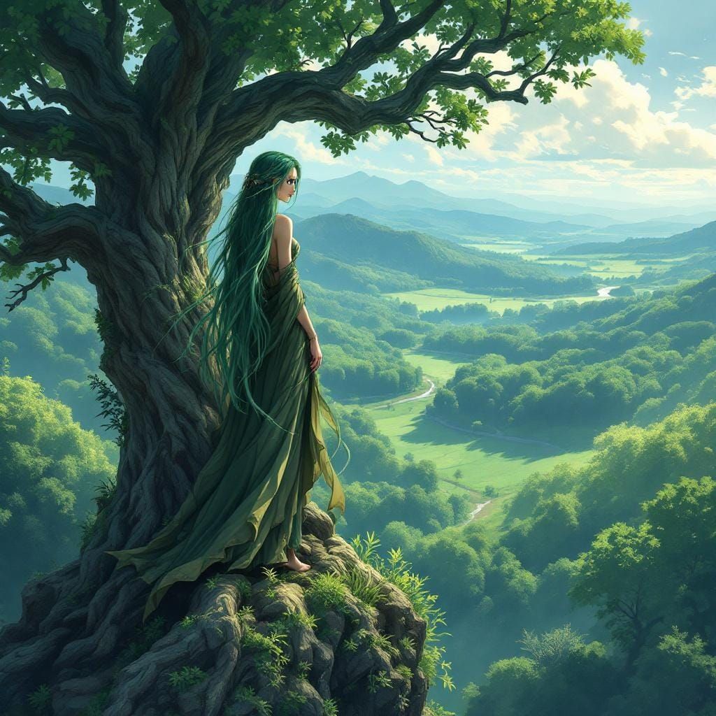 Anime Druidess Overlooking Forest, Ghibli-Inspired Art