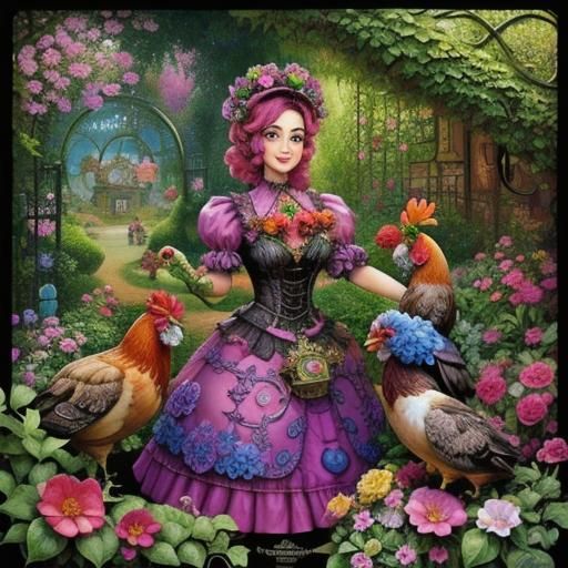 Steampunk Lady with Chickens in Whimsical Garden