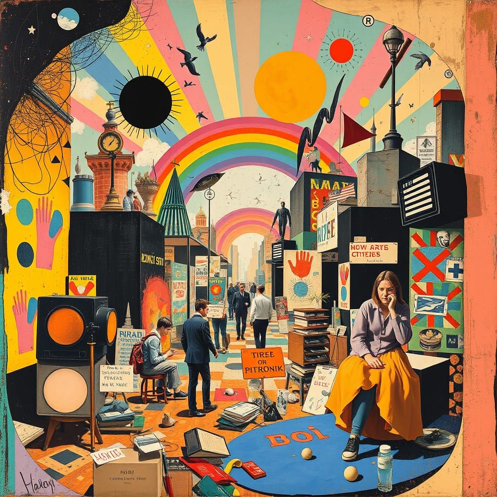 Vibrant Dadaist Art Scene in Pastel Colors