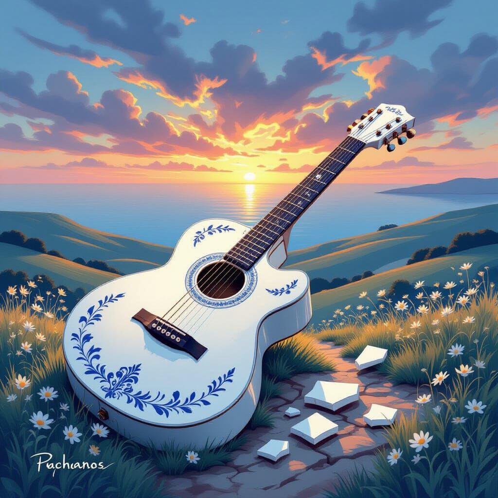 Cracked Porcelain Guitar Reveals Dreamy Landscape