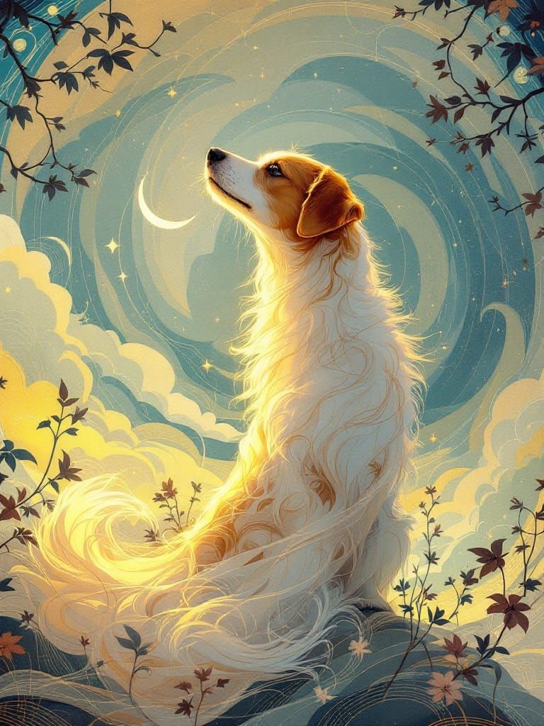 Art Nouveau Dog in Golden Sunlight, Ethereal Style