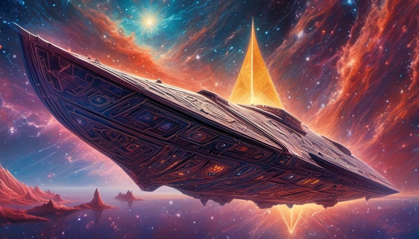 Annunaki Spaceship Soaring Through Nebula, Roger Dean Style