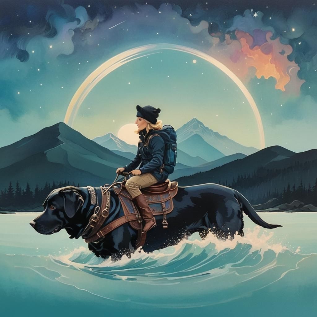 Whimsical Labrador Dog's Surreal Sapphire Mosaic Journey