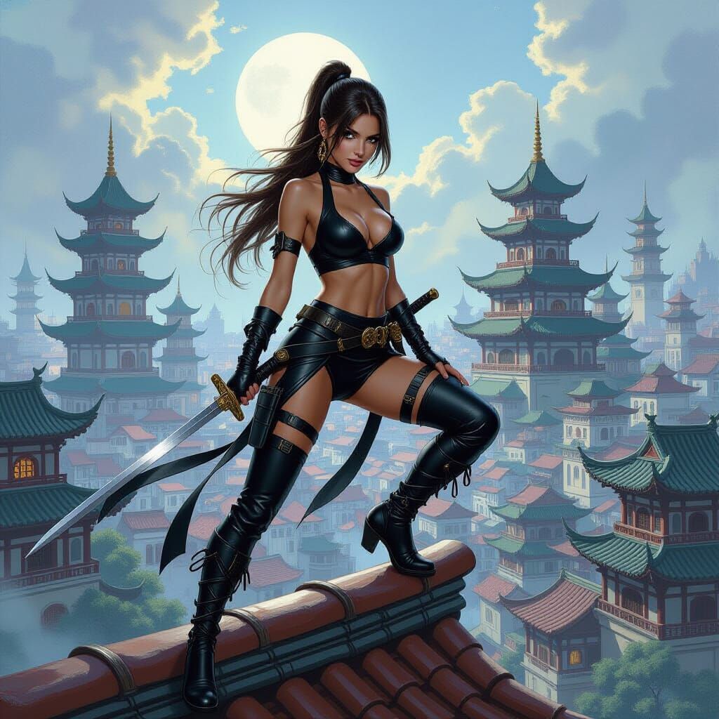 Female Ninja in Fantasy City Rooftop Oil Painting