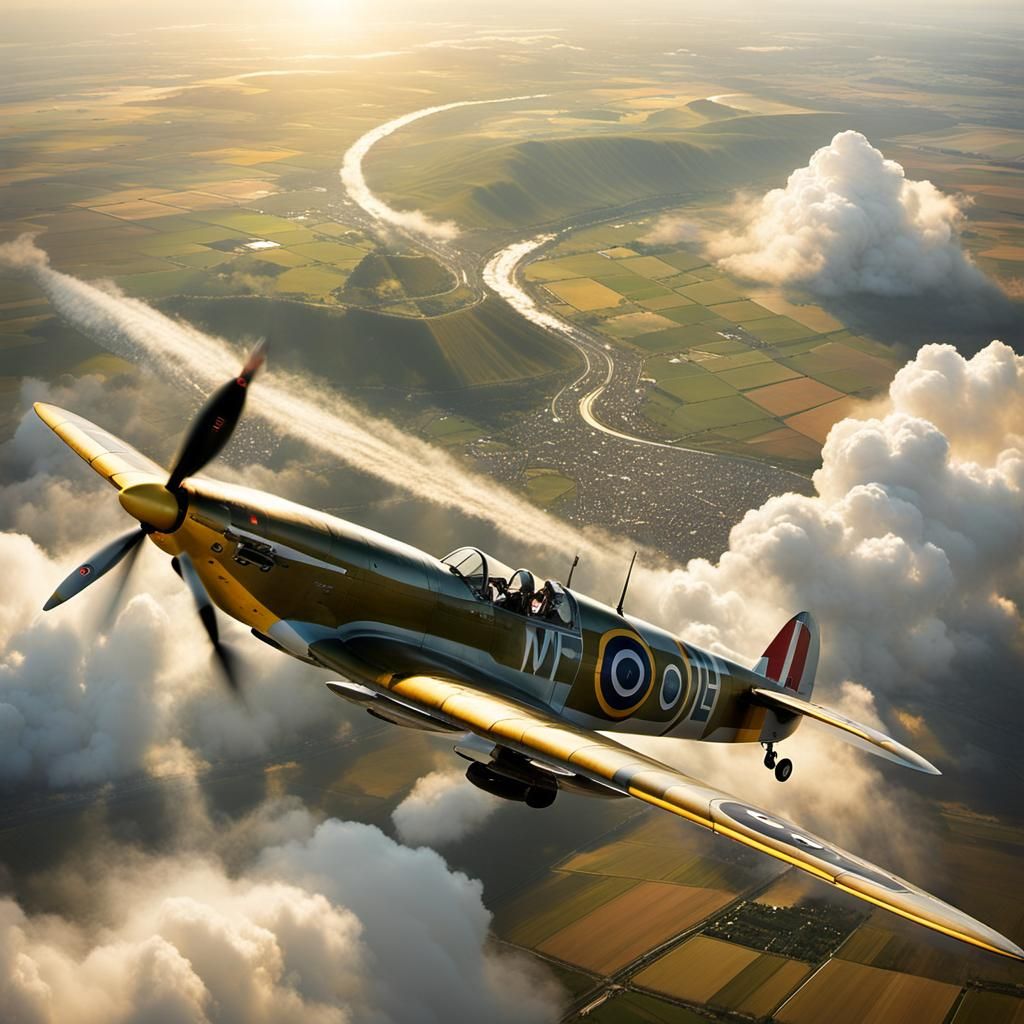 WW2 Spitfire pilot soaring through sun-split clouds, sunligh...