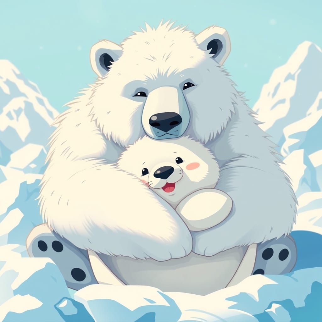 Polar Bear and Seal Hug in Anime Style