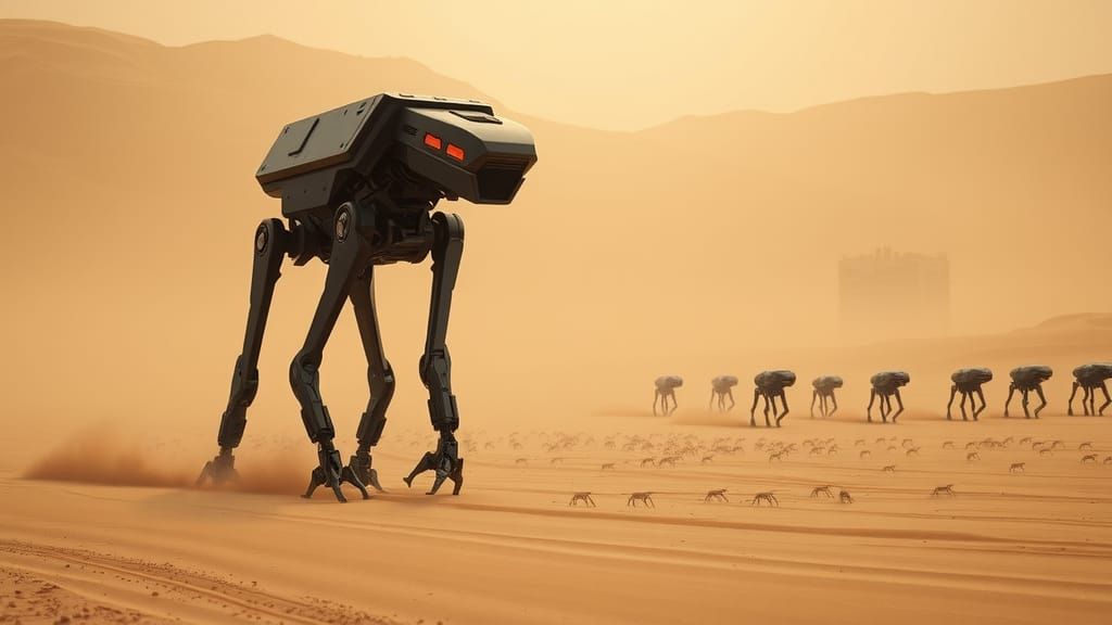 Sci-Fi Robot Walker Migration in Desert Sandstorm