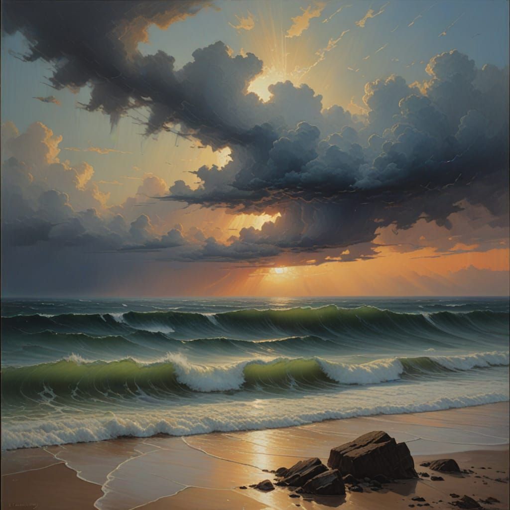 Peaceful Dawn Amidst Stormy Seas in Oil Painting