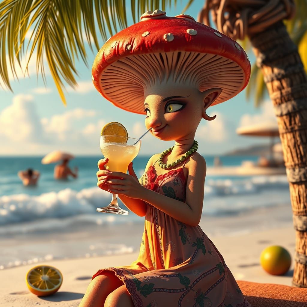 Fanciful Mushroom Maiden Sips Margarita on Beachy Shore
