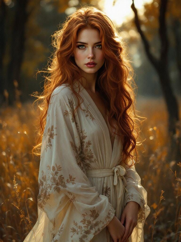 Woman with Copper Hair in Autumn Forest
