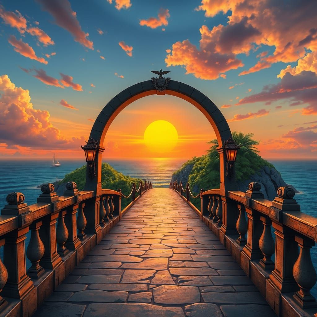 Majestic Tropical Bridge in Dreamy, Ethereal Quality