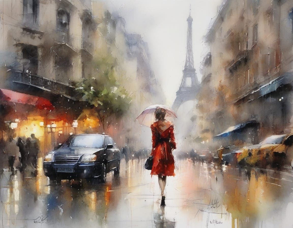 Ethereal Watercolour Paris Street in Cinematic Style