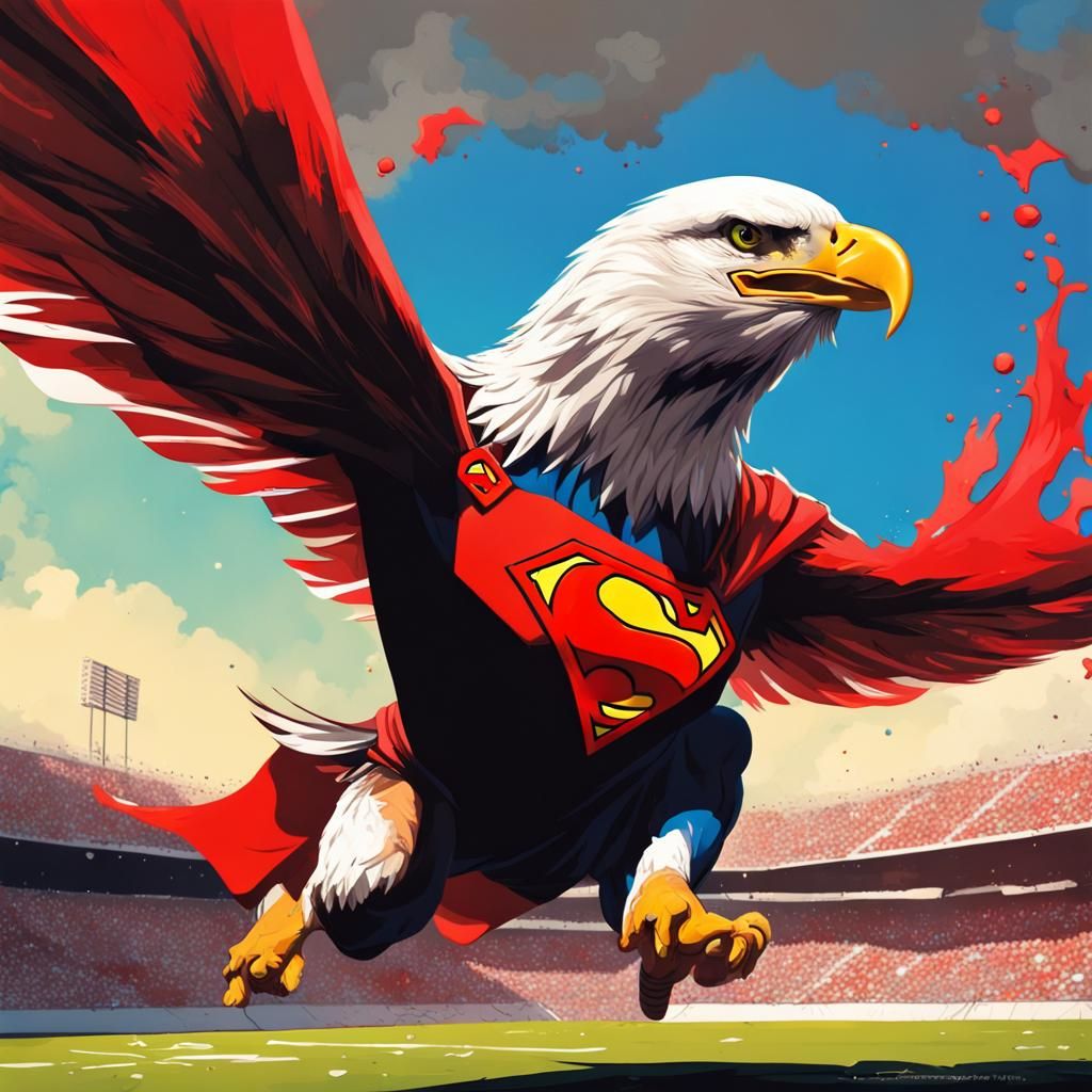 Eagle with Cape Flying Over Stadium in Graffiti Art