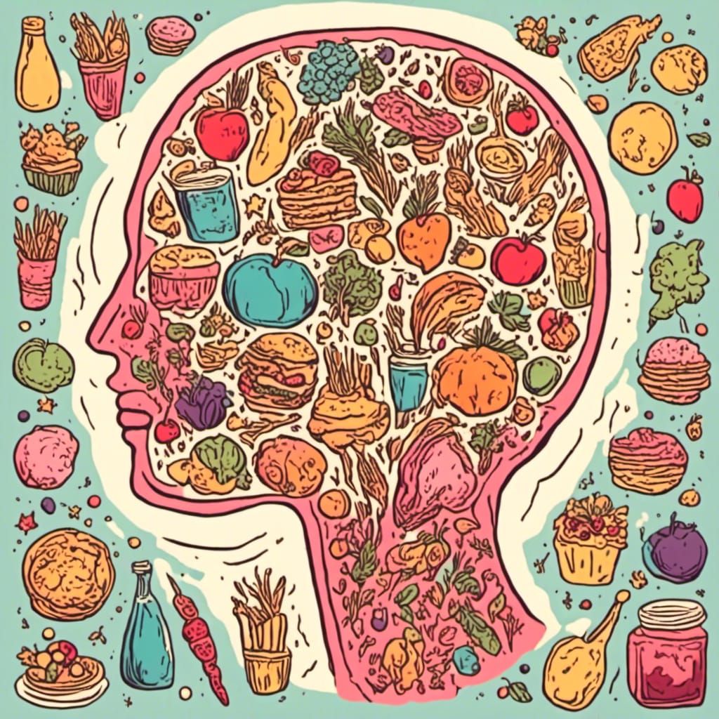 Brain Surrounded by Food in Vintage Postcard Style