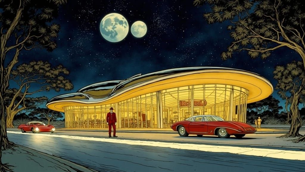 Futuristic Art Deco Restaurant Aglow at Night