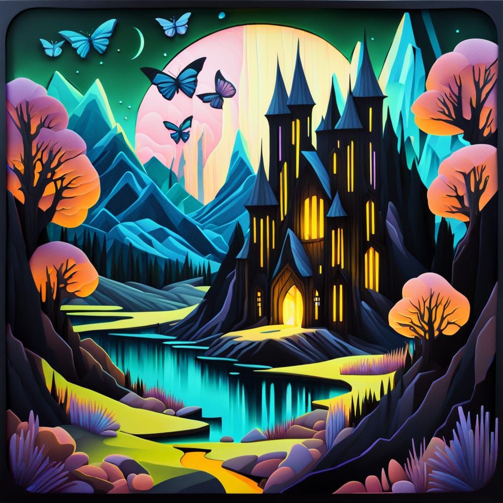 Surreal Valley Landscape Painting with Geometric Hills