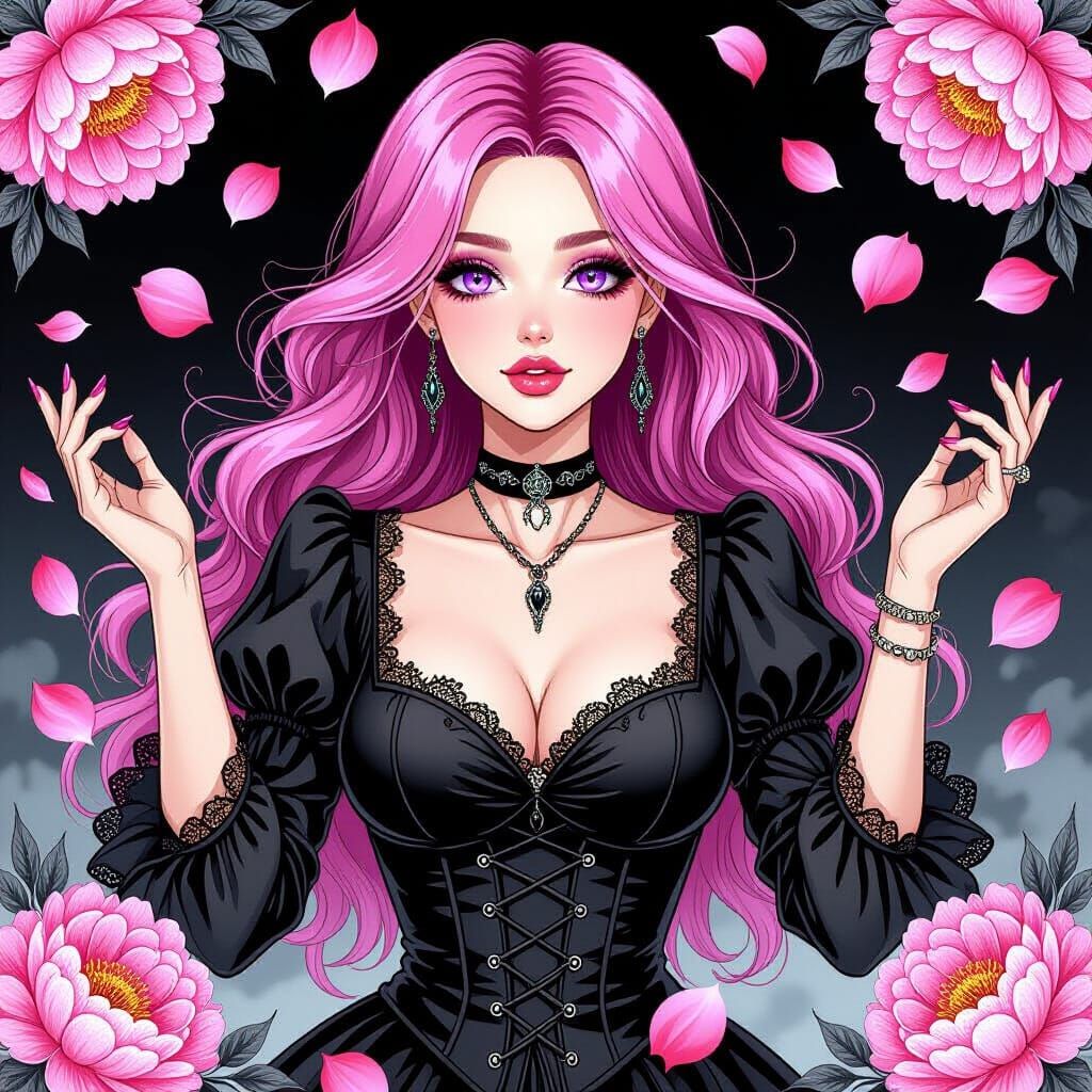 Pink-Haired Woman Emerges in Peony Petals