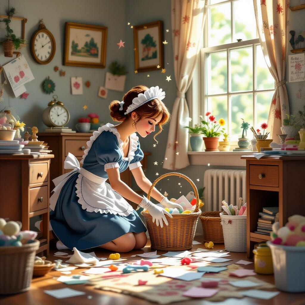 Maid Cleaning Whimsical Cluttered Room in Warm Light