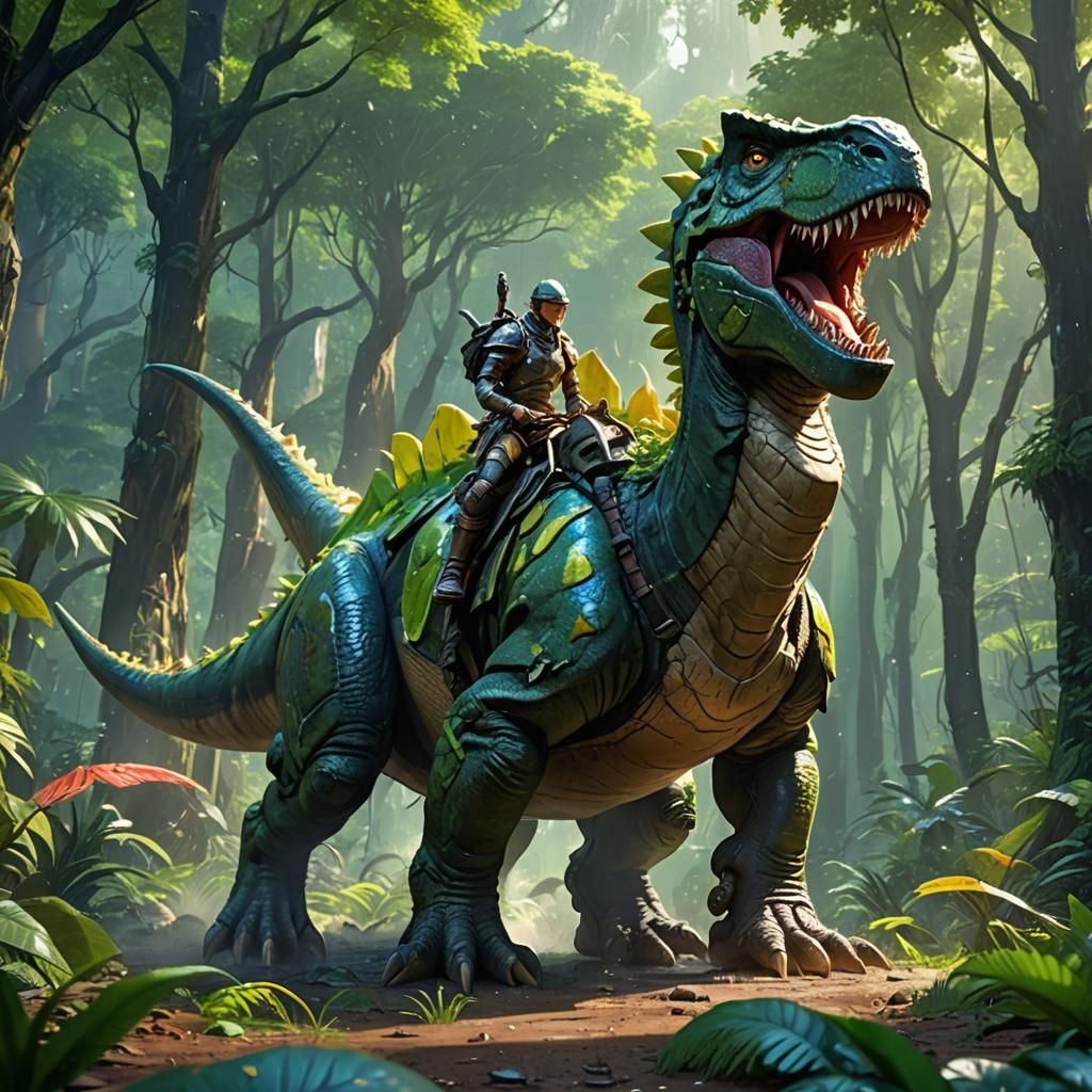Warrior Rides Dinosaur in Lush Prehistoric Forest