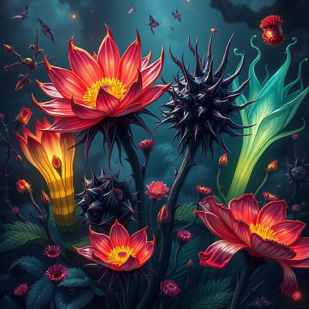 Glowing Flowers with Razor Thorns, a Surreal Image