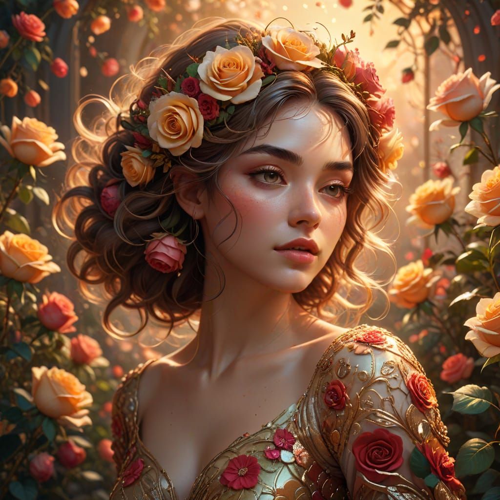 Young Woman Adorned With Vibrant Roses And Floral Elements