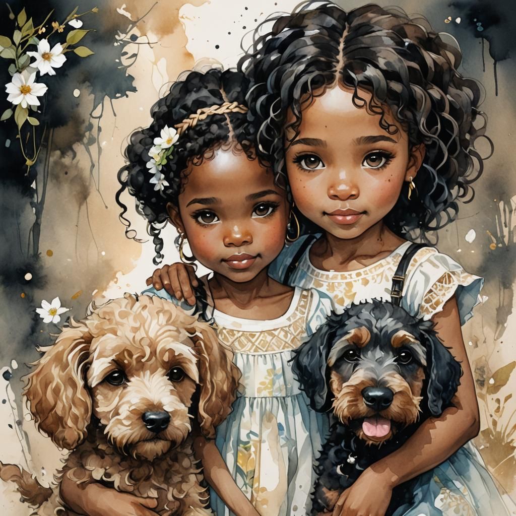 Watercolor Portrait of African American Toddler with Puppies