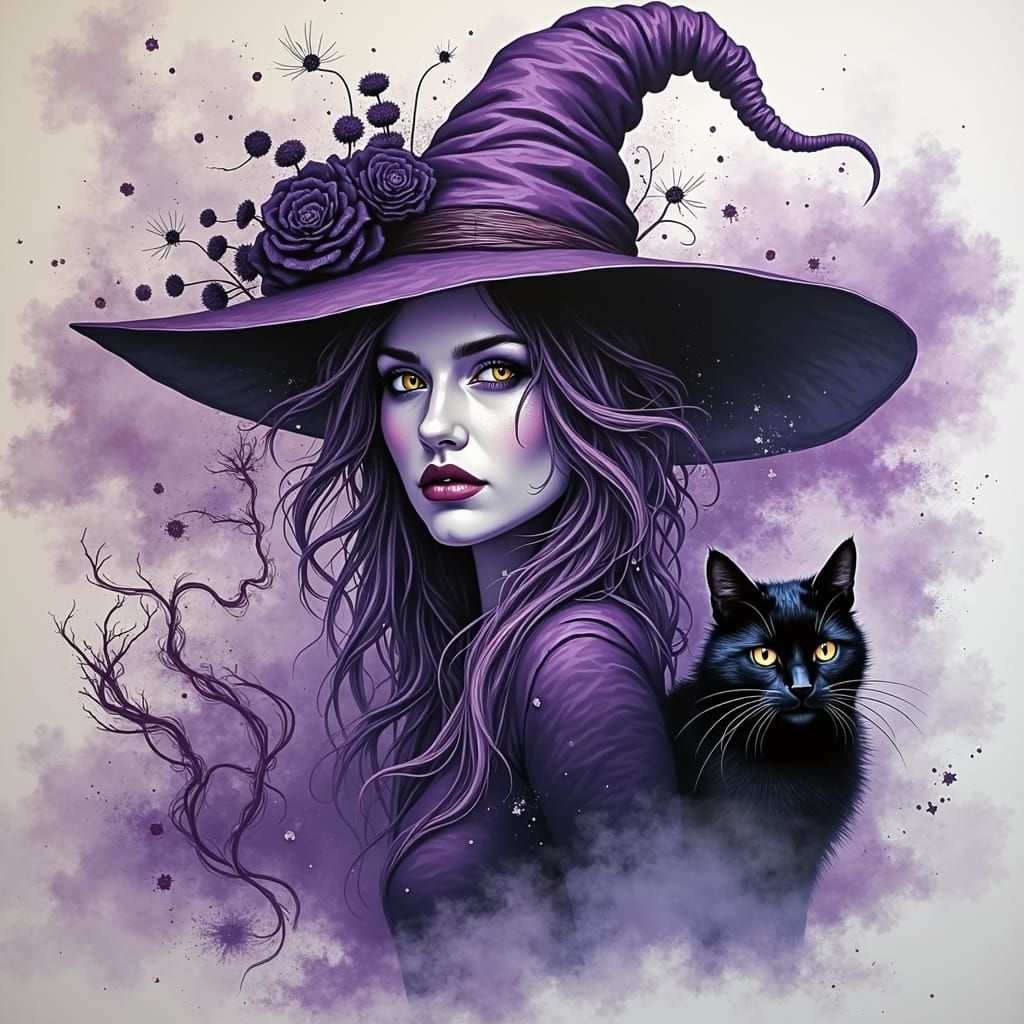 Ethereal Witch with Black Cat in Dark Fantasy Style