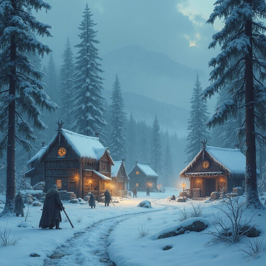 Frozen Orc Encampment in Dark, Mystical Landscape