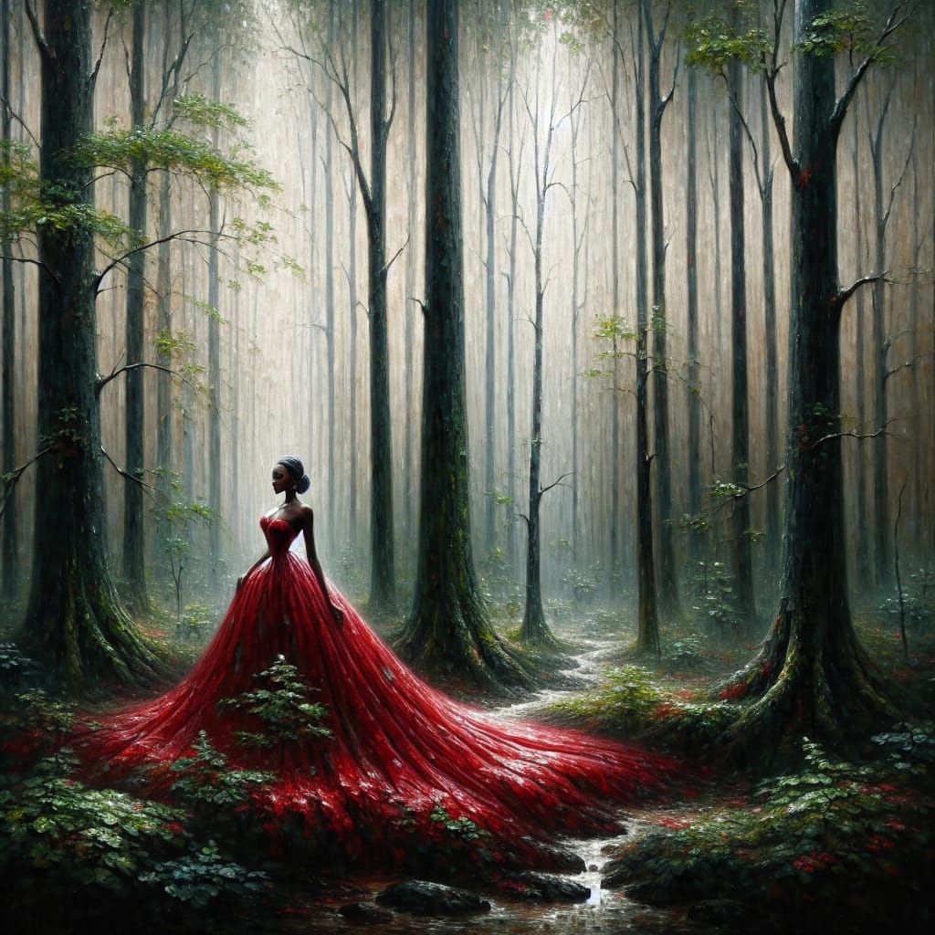 Ethereal Forest Scene with Woman in Red Dress