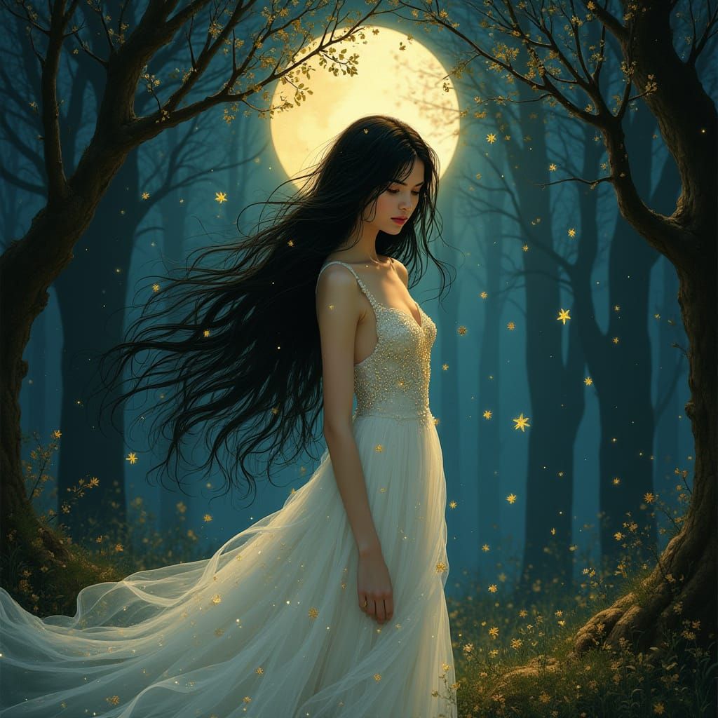 Ethereal Woman in Moonlit Forest, Art Nouveau Style