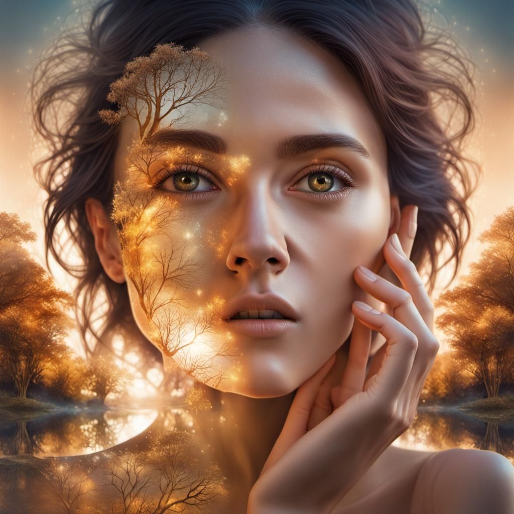 Surreal Double Exposure: Woman, Seasons, Galaxy