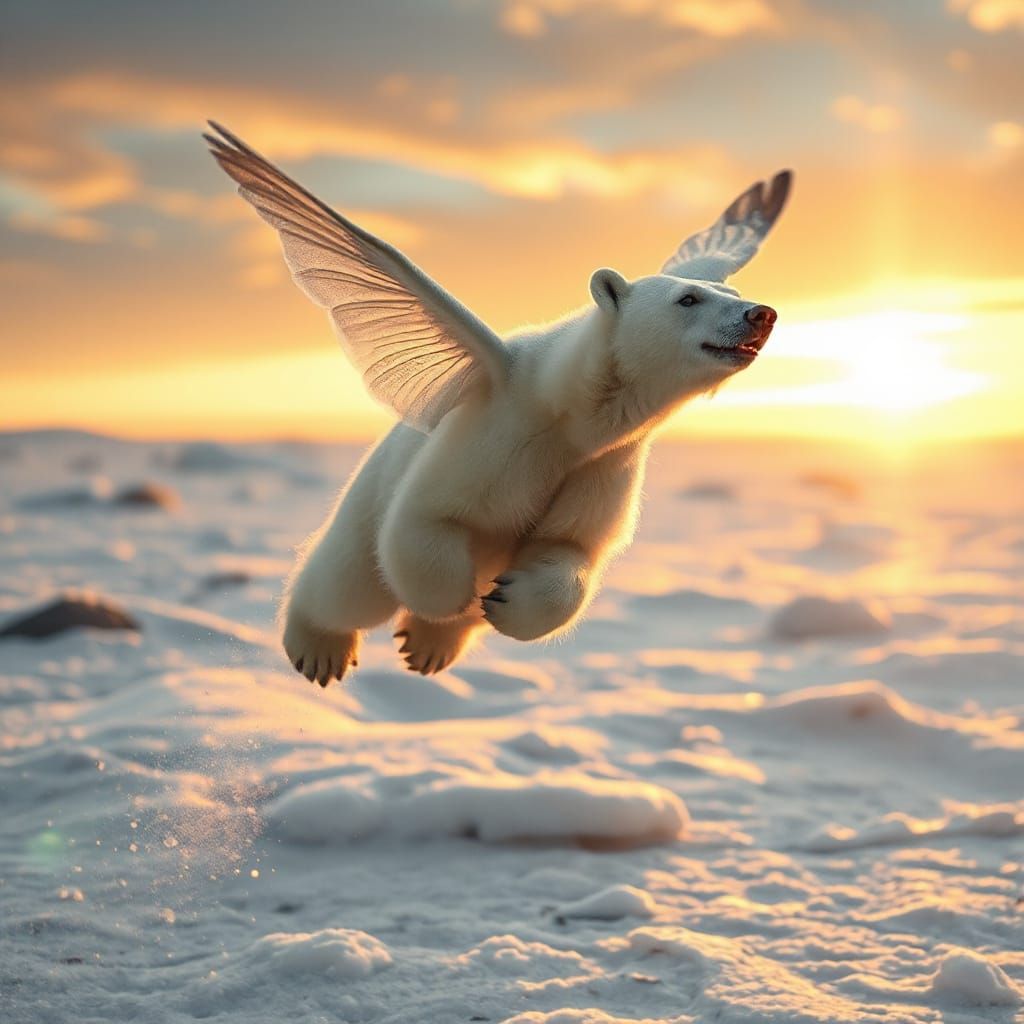 Flying Polar Bear Fairy in Golden Hour Light