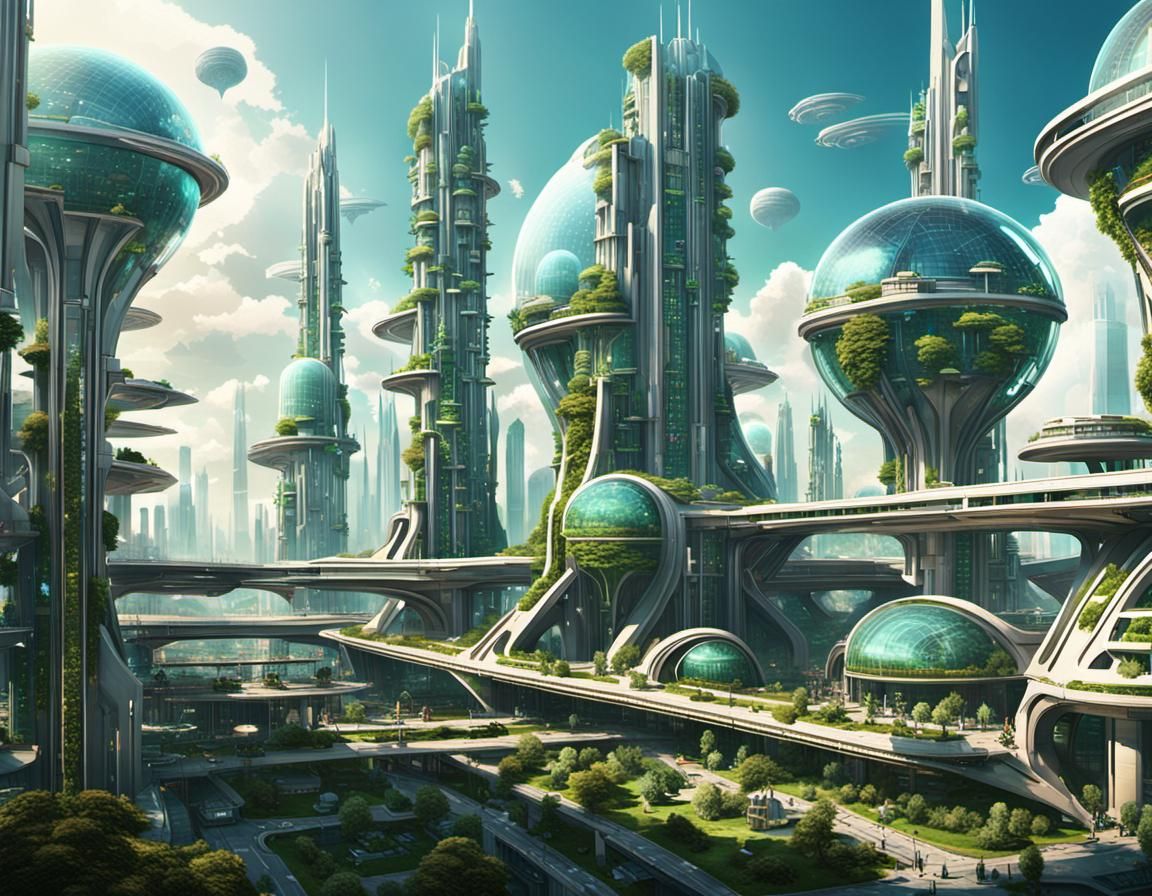 Futuristic Solarpunk Cityscape with Eco-Friendly Design