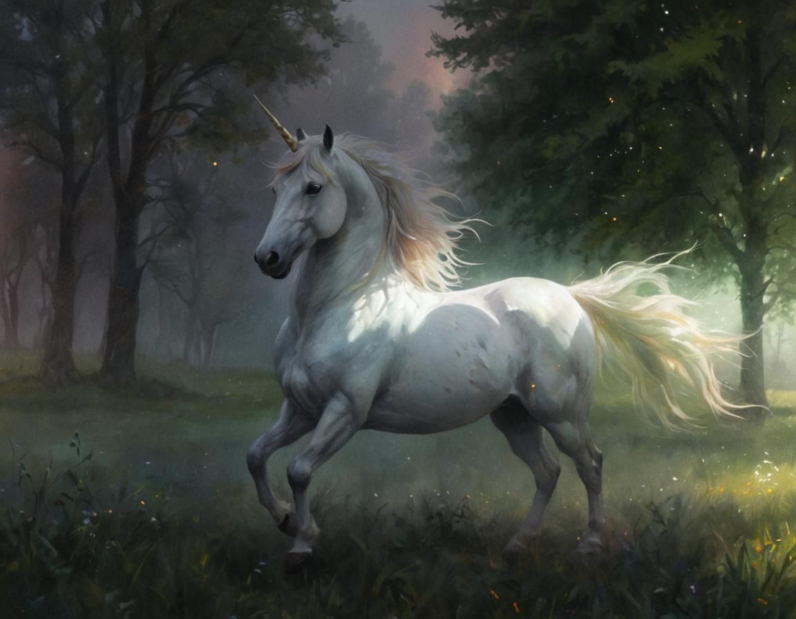 Unicorn in Meadow: Magical Realism Oil Painting